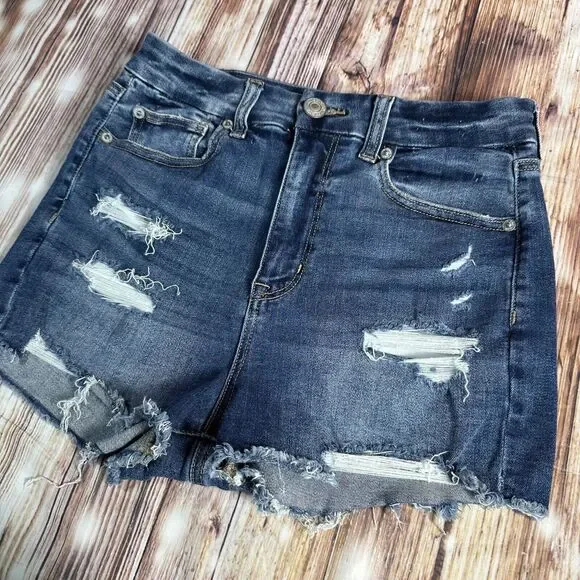 American Eagle CURVY HI RISE SHORTIE Size 4 Denim Cut Off Jean Micro Shorts 26x2 - Picture 9 of 10